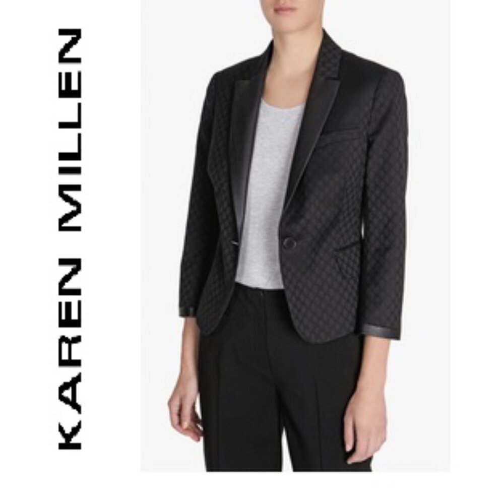 $265 Karen Millen Tailored Blazer Jacket Black Crop Faux Leather Trim 3/4 Sleeve